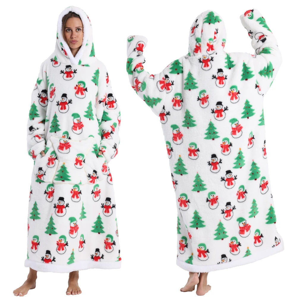 Short/Long Wearable Blankets Christmas Hoodies Winter Flannel Hooded Blanket with Full Sleeves Men Women Warm Adult TV Blanket