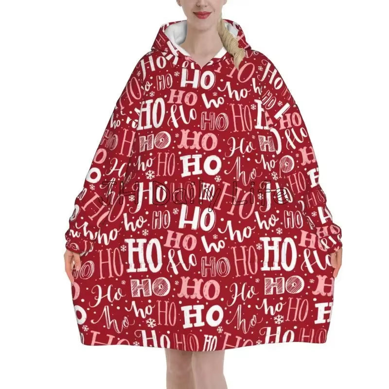 Merry Christmas Snowflake Deer Wearable Blanket Hoodie Snowman Santa Claus Oversized Sweatshirts Warm Cozy Fleece Sherpa Blanket