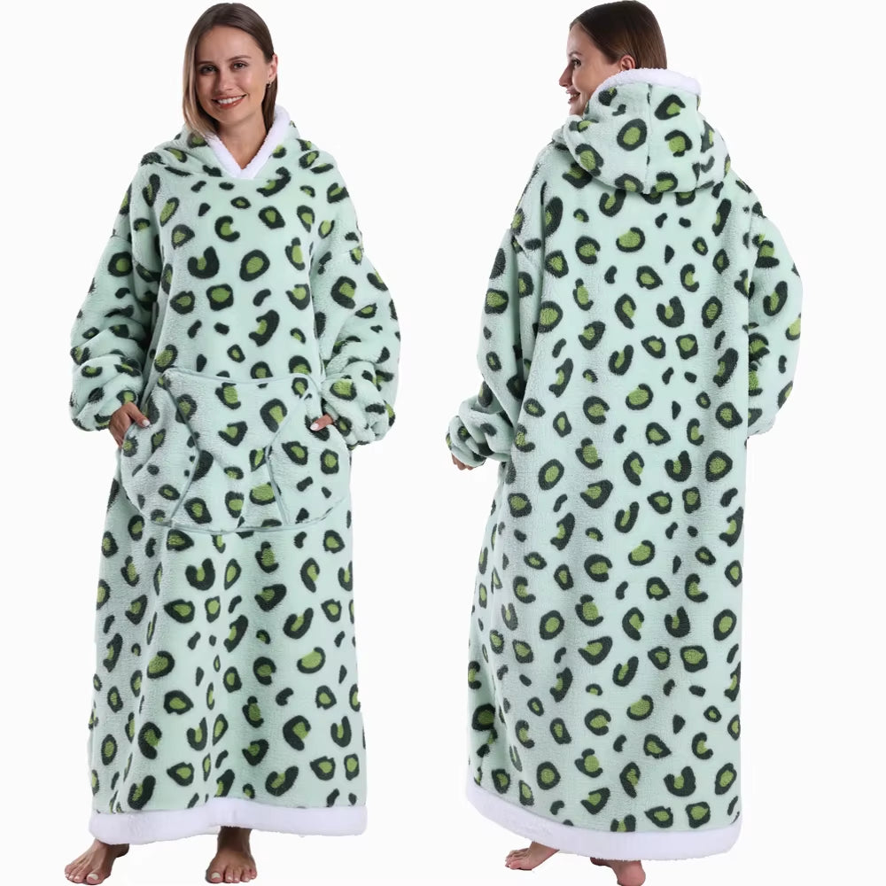 Adult Men Women Christmas Home Wear Clothing Winter Hooded Deer Snowman Print Sweatshirt Warm Fleece Fluffy Fuzzy Blanket Hoodie