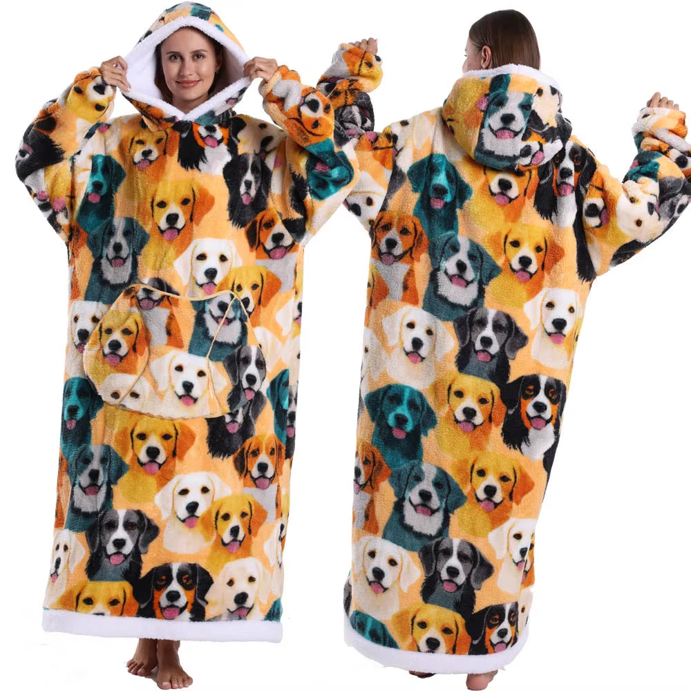 Adult Men Women Christmas Home Wear Clothing Winter Hooded Deer Snowman Print Sweatshirt Warm Fleece Fluffy Fuzzy Blanket Hoodie