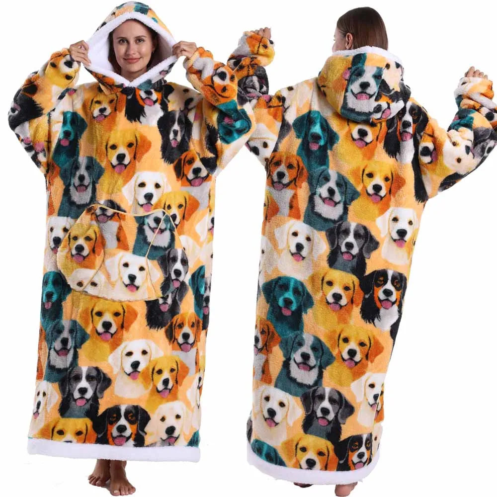 Halloween Oversized Blanket Hoodie for Adults Extra Long Plush Thick Wearable Blanket with Sleeves Women Men Winter Home Clothes