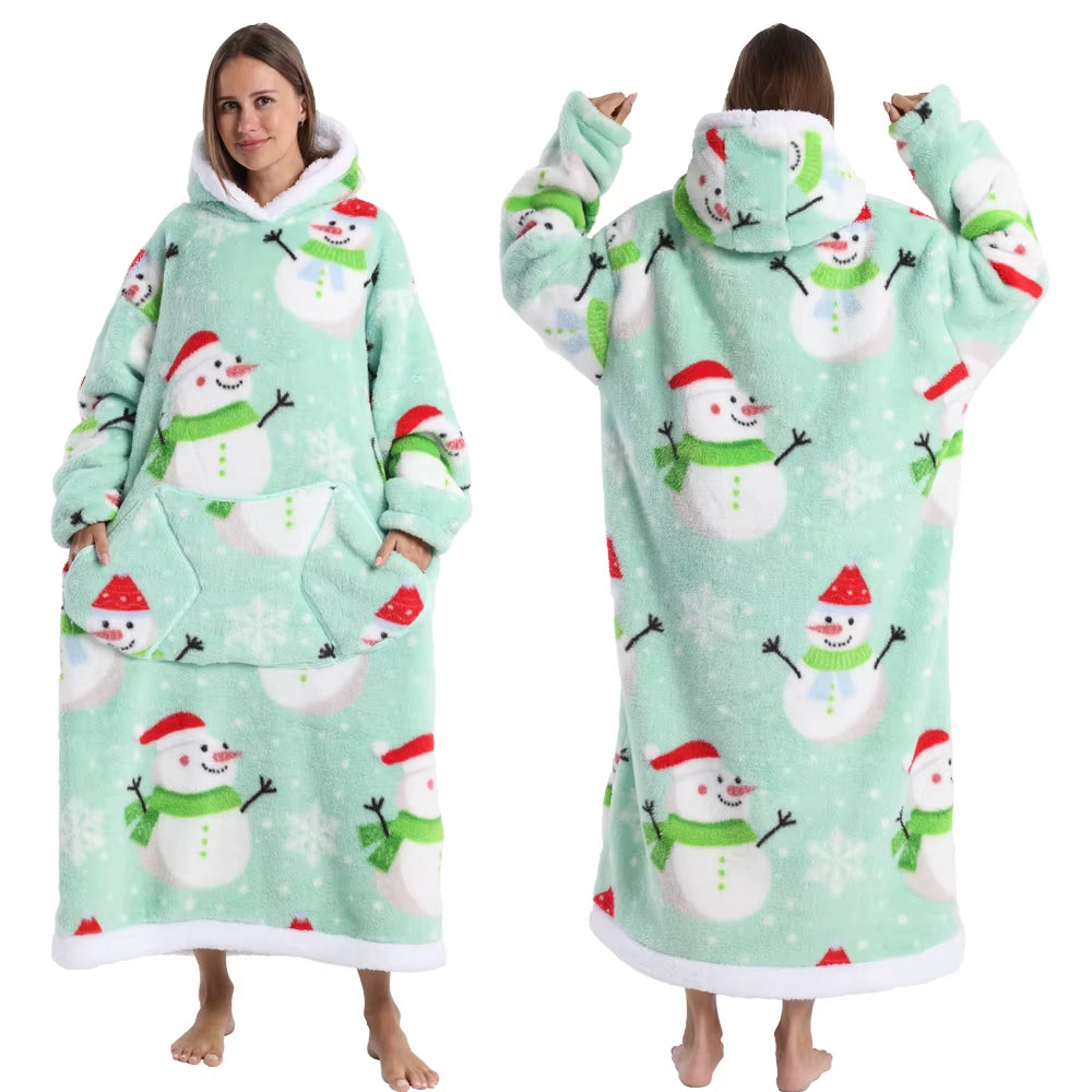 Adult Men Women Christmas Home Wear Clothing Winter Hooded Deer Snowman Print Sweatshirt Warm Fleece Fluffy Fuzzy Blanket Hoodie