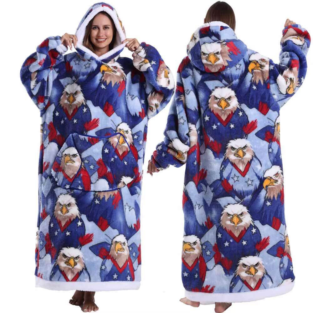 Adult Men Women Christmas Home Wear Clothing Winter Hooded Deer Snowman Print Sweatshirt Warm Fleece Fluffy Fuzzy Blanket Hoodie
