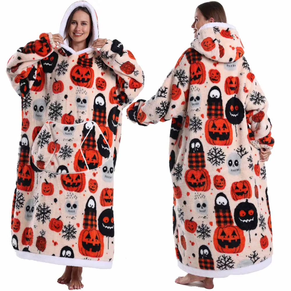 Adult Men Women Christmas Home Wear Clothing Winter Hooded Deer Snowman Print Sweatshirt Warm Fleece Fluffy Fuzzy Blanket Hoodie