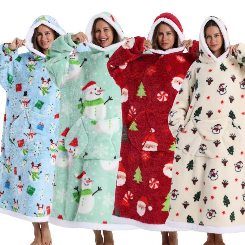 Holiday Printed Lazy Wearable Blanket Soft Sherpa Lined Hooded Blanket Sweatshirt Thick Warm Christmas Halloween Gift Blankets