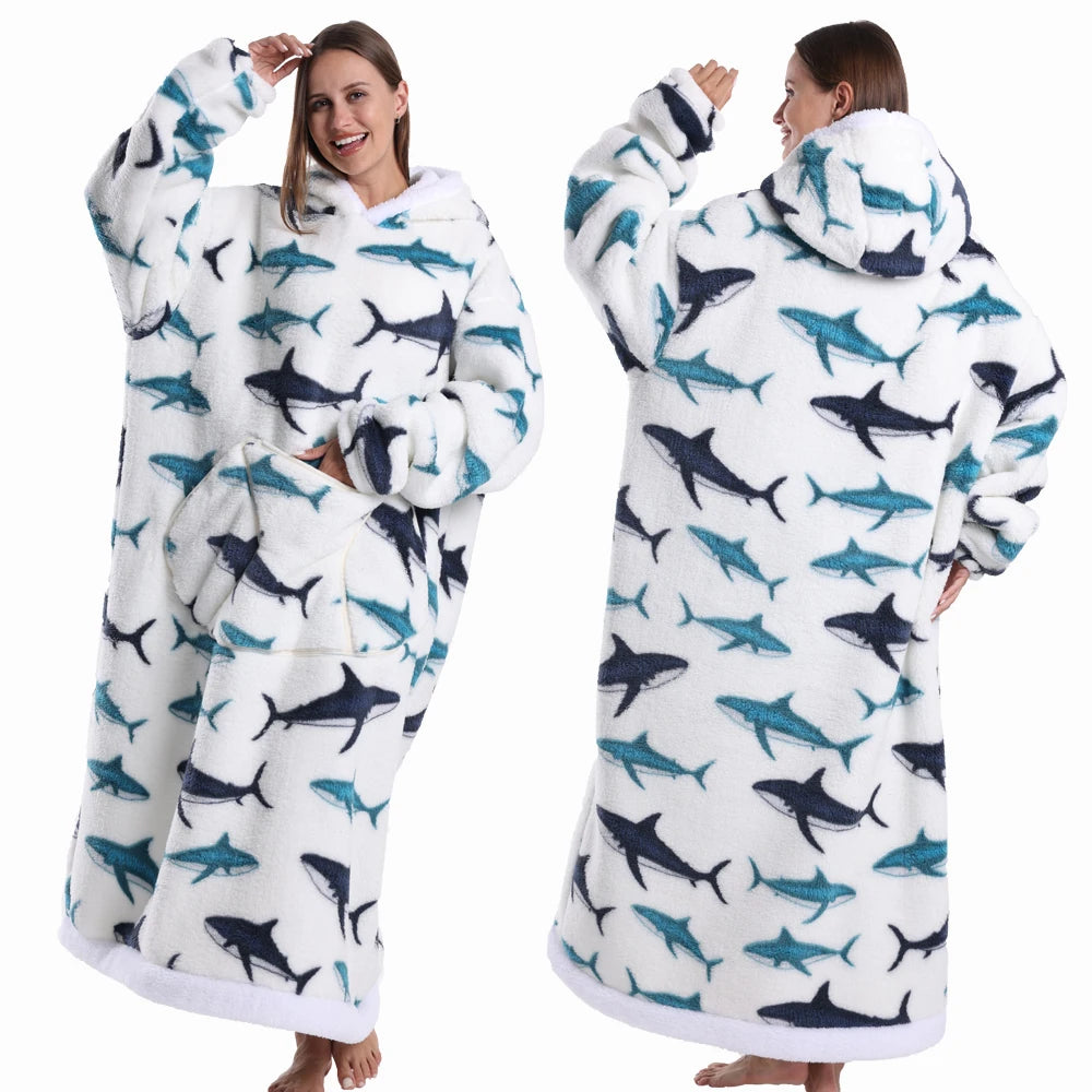 Halloween Oversized Blanket Hoodie for Adults Extra Long Plush Thick Wearable Blanket with Sleeves Women Men Winter Home Clothes