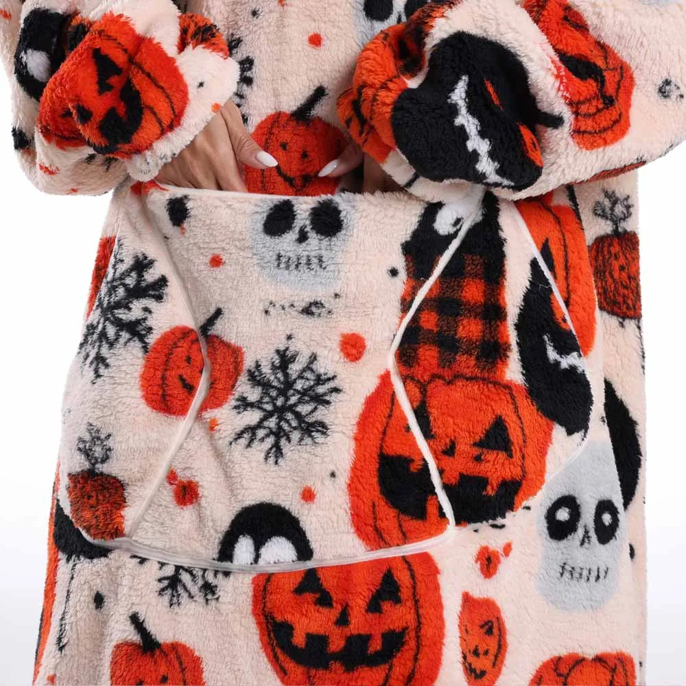 Halloween Oversized Blanket Hoodie for Adults Extra Long Plush Thick Wearable Blanket with Sleeves Women Men Winter Home Clothes