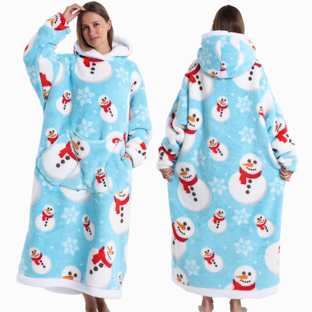 Adult Men Women Christmas Home Wear Clothing Winter Hooded Deer Snowman Print Sweatshirt Warm Fleece Fluffy Fuzzy Blanket Hoodie