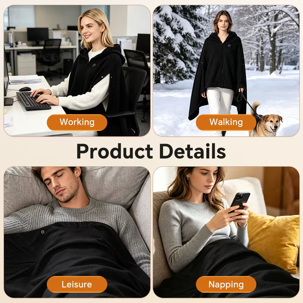 Electric Heated Hoodie Wearable Blanket 5V USB Warm Cape 3-Temp Graphene Heating Wrap for Lounging Travel Gift Idea