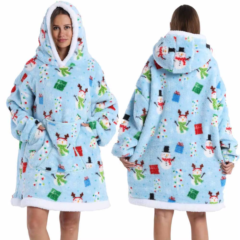 Short/Long Wearable Blankets Christmas Hoodies Winter Flannel Hooded Blanket with Full Sleeves Men Women Warm Adult TV Blanket