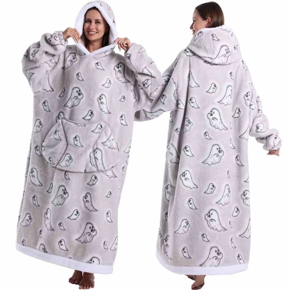Adult Men Women Christmas Home Wear Clothing Winter Hooded Deer Snowman Print Sweatshirt Warm Fleece Fluffy Fuzzy Blanket Hoodie