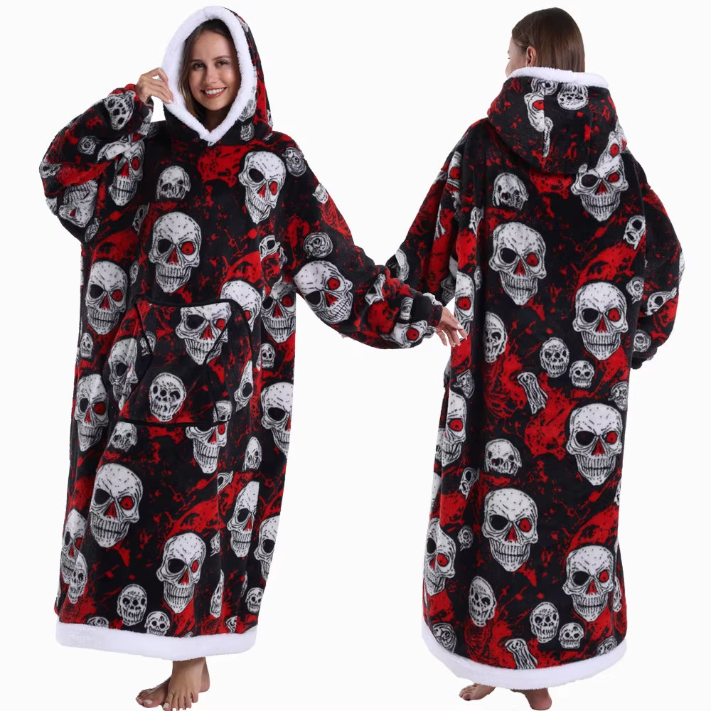 Adult Men Women Christmas Home Wear Clothing Winter Hooded Deer Snowman Print Sweatshirt Warm Fleece Fluffy Fuzzy Blanket Hoodie