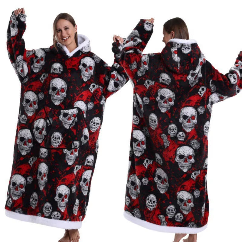 Holiday Printed Lazy Wearable Blanket Soft Sherpa Lined Hooded Blanket Sweatshirt Thick Warm Christmas Halloween Gift Blankets