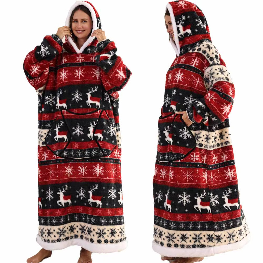 Adult Men Women Christmas Home Wear Clothing Winter Hooded Deer Snowman Print Sweatshirt Warm Fleece Fluffy Fuzzy Blanket Hoodie