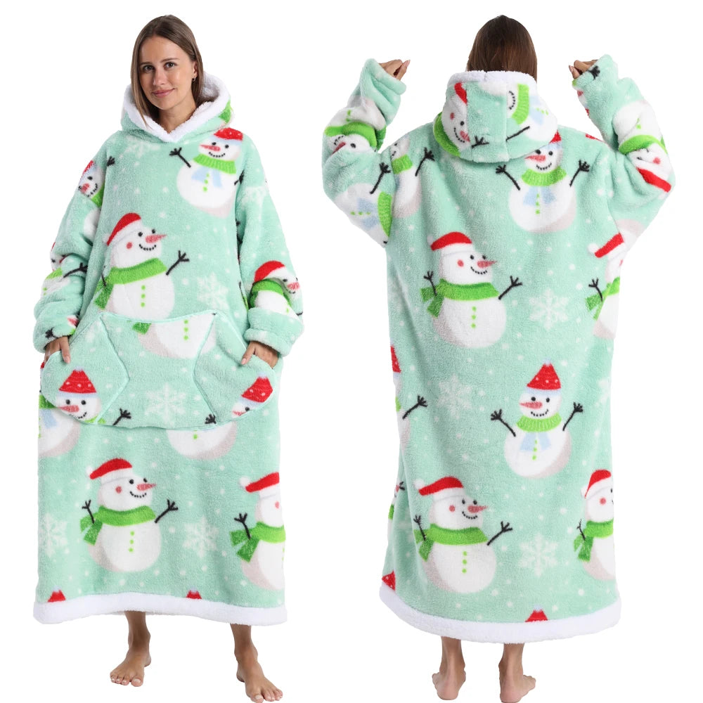 Short/Long Wearable Blankets Christmas Hoodies Winter Flannel Hooded Blanket with Full Sleeves Men Women Warm Adult TV Blanket