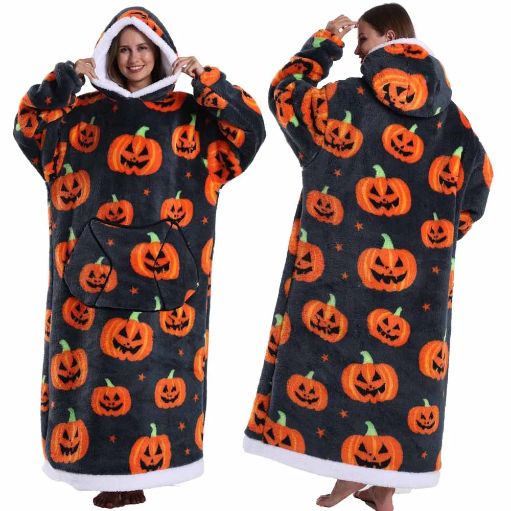 Halloween Oversized Blanket Hoodie for Adults Extra Long Plush Thick Wearable Blanket with Sleeves Women Men Winter Home Clothes