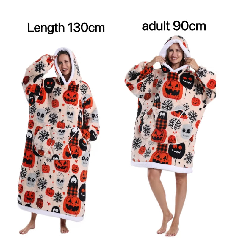 Holiday Printed Lazy Wearable Blanket Soft Sherpa Lined Hooded Blanket Sweatshirt Thick Warm Christmas Halloween Gift Blankets