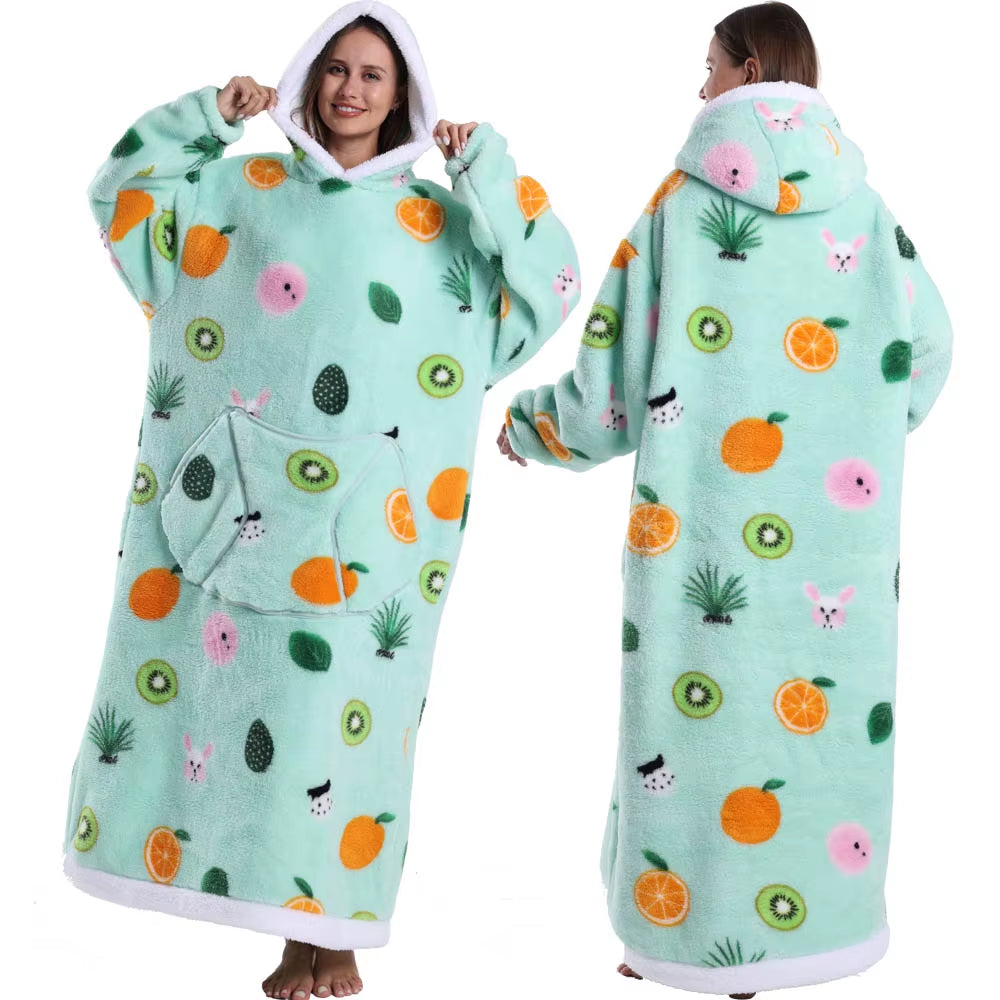 Adult Men Women Christmas Home Wear Clothing Winter Hooded Deer Snowman Print Sweatshirt Warm Fleece Fluffy Fuzzy Blanket Hoodie