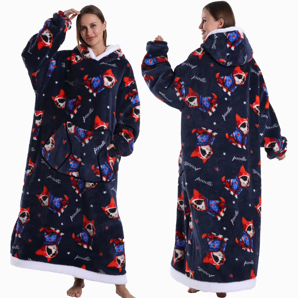 Adult Men Women Christmas Home Wear Clothing Winter Hooded Deer Snowman Print Sweatshirt Warm Fleece Fluffy Fuzzy Blanket Hoodie