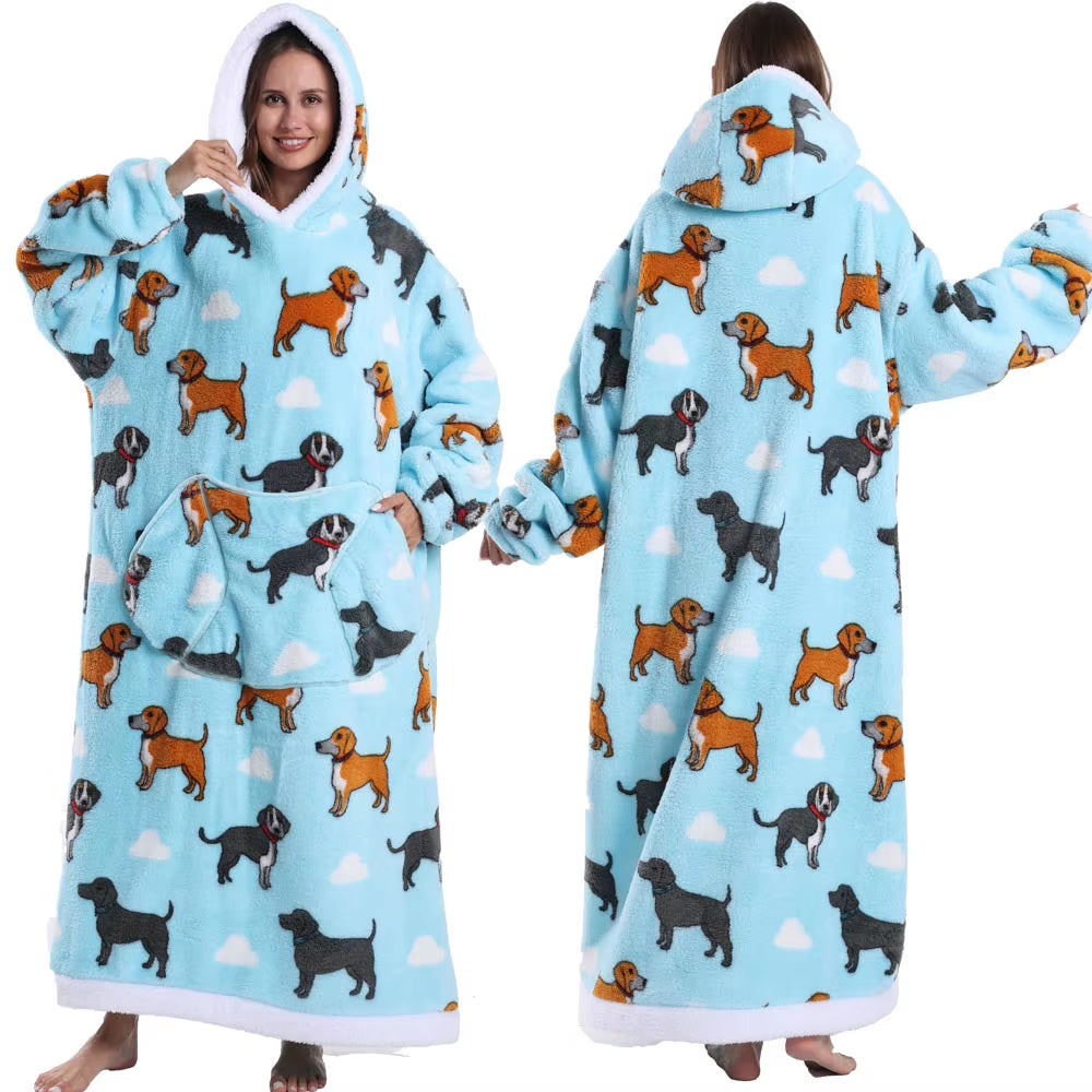 Adult Men Women Christmas Home Wear Clothing Winter Hooded Deer Snowman Print Sweatshirt Warm Fleece Fluffy Fuzzy Blanket Hoodie